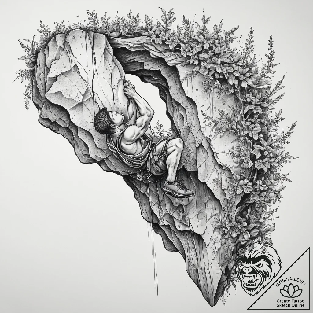 A rock climber hanging from a sheer cliff fac... - tattoo sketch (№1754262995_0, 03.08.2025 23:16) — tattoovalue.net
