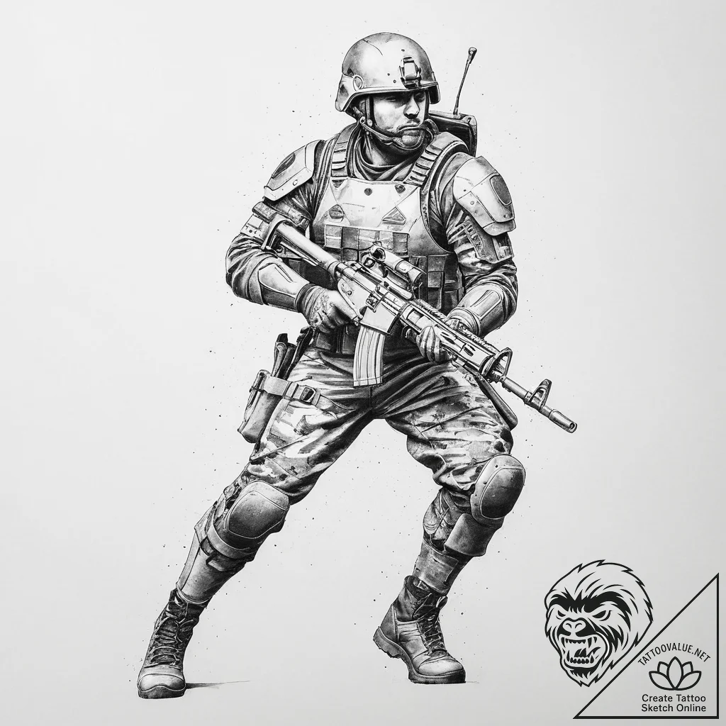 Tattoo design a dynamic image of a soldier or... - tattoo sketch (№1754263195_0, 03.08.2025 23:19) — tattoovalue.net