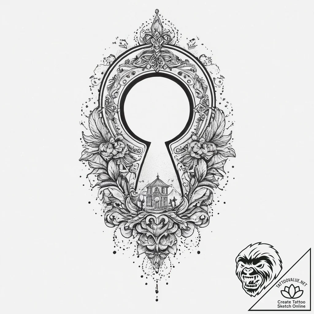 A keyhole shape, ink illustration for tattoo,... - tattoo sketch (№1754267788_0, 04.08.2025 00:36) — tattoovalue.net