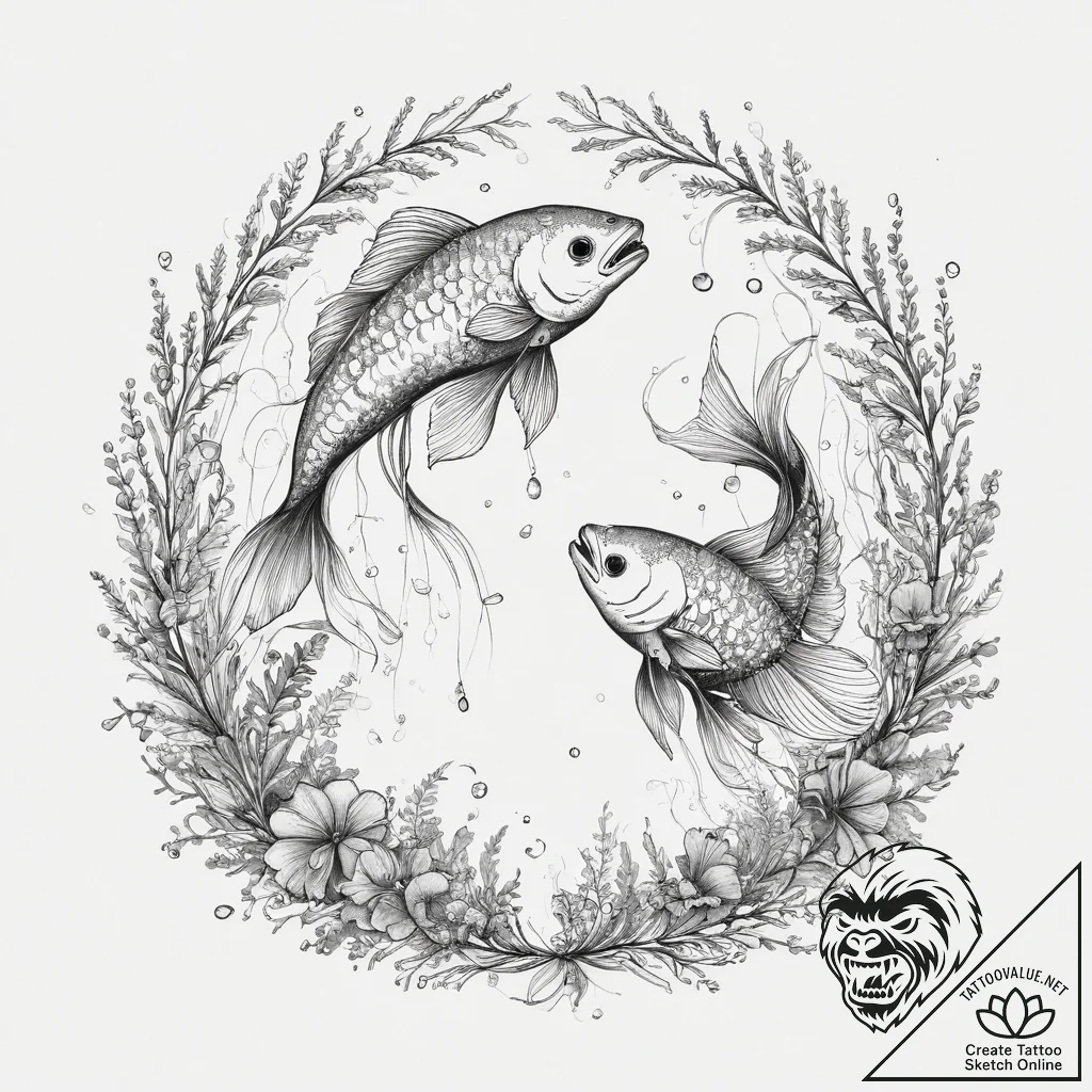 Tattoo design pisces fish, swimming among del... - tattoo sketch (№1754269780_0, 04.08.2025 01:09) — tattoovalue.net