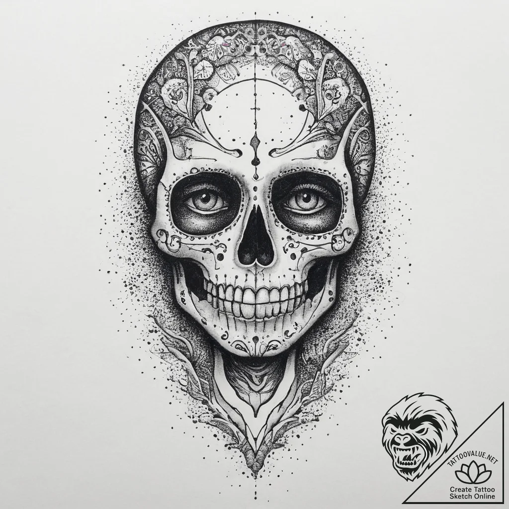 A half-human, half-skeleton face, tattoo draw... - tattoo sketch (№1754270976_0, 04.08.2025 01:29) — tattoovalue.net