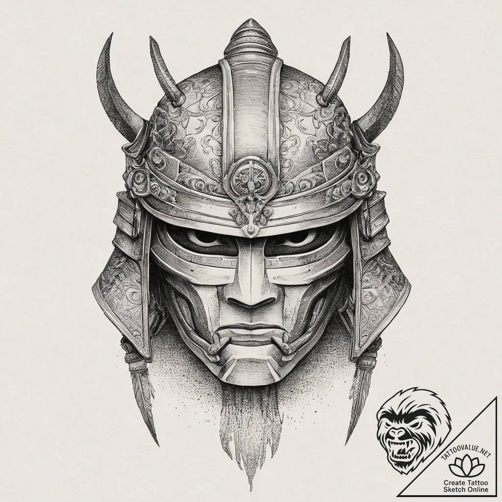 A samurai warrior's helmet (kabuto), ink illu... - tattoo sketch (№1754271377_0, 04.08.2025 01:36) — tattoovalue.net