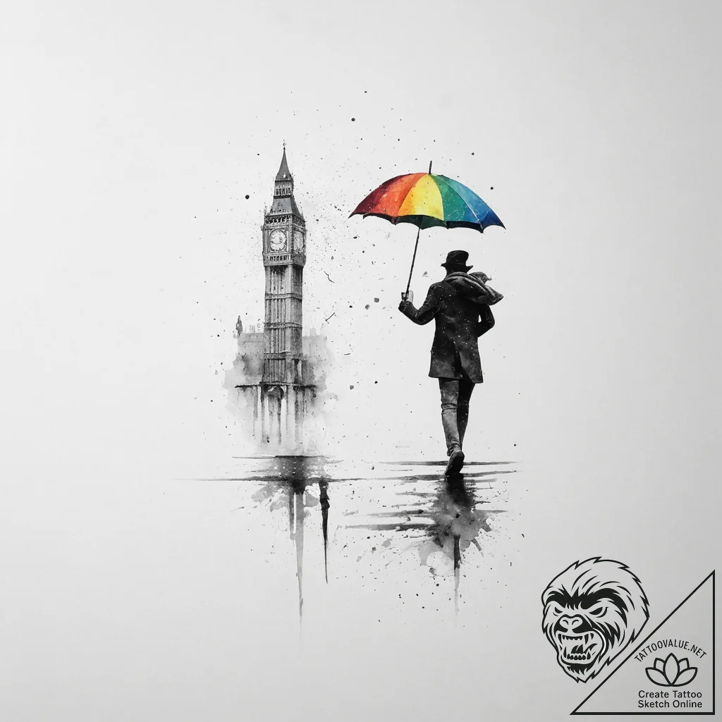 A lone figure with an umbrella walking down a... - tattoo sketch (№1754271977_0, 04.08.2025 01:46) — tattoovalue.net