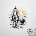 A shot of a lone cowboy herding cattle at sun… – tattoo sketch (№1754272177_0, 04.08.2025 01:49) — tattoovalue.net