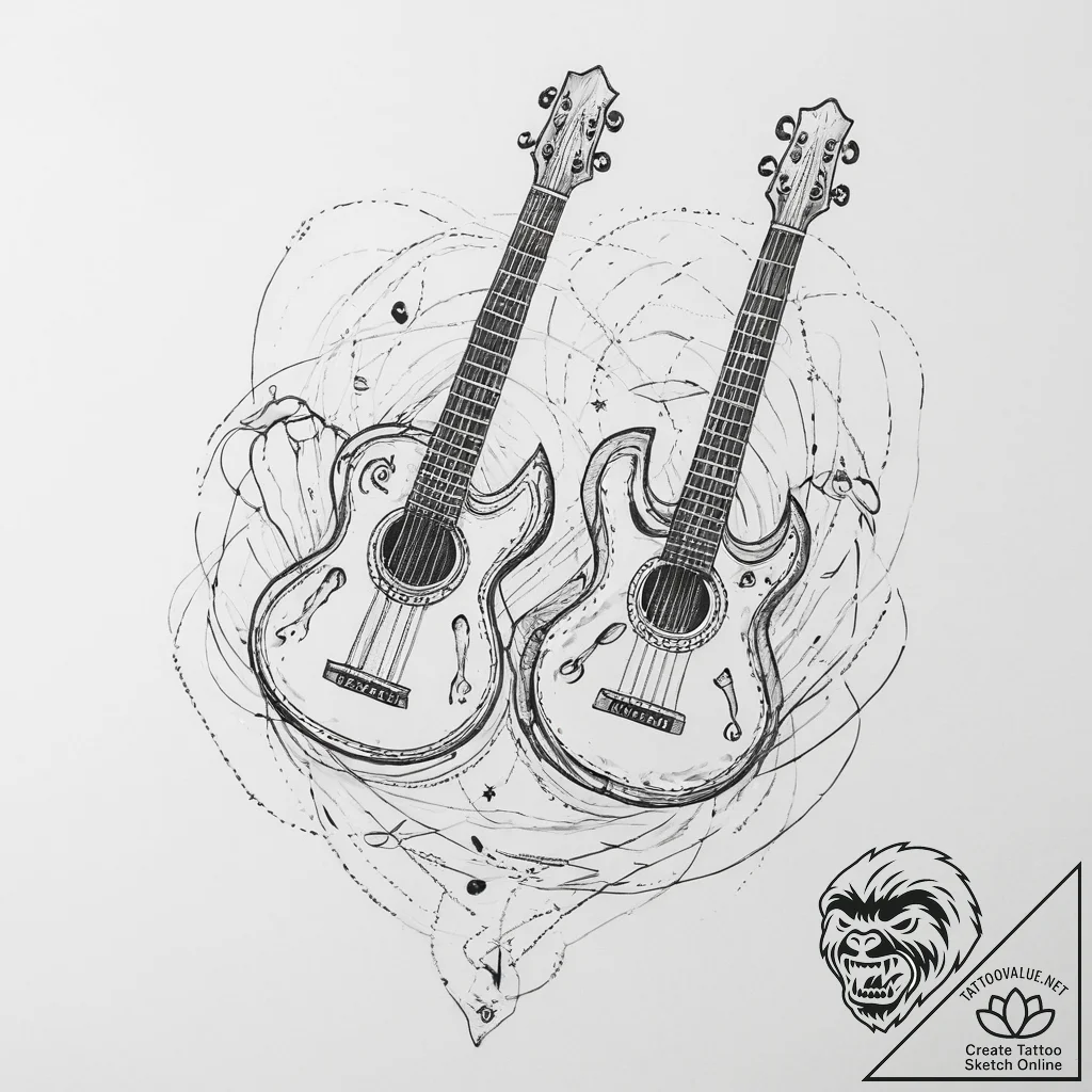 Tattoo design two stylized hands playing inst... - tattoo sketch (№1754273386_0, 04.08.2025 02:09) — tattoovalue.net