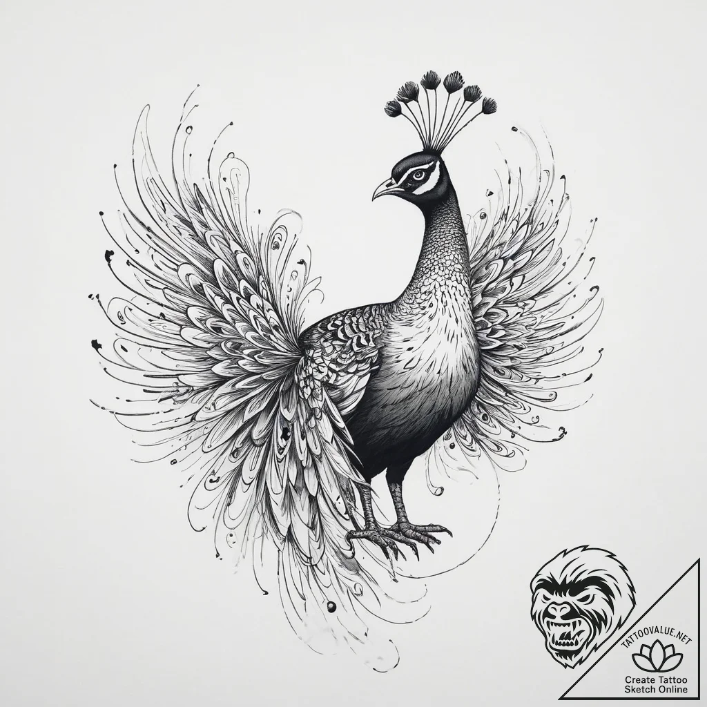 Peacock, ink illustration for tattoo, clean l... - tattoo sketch (№1754273983_0, 04.08.2025 02:19) — tattoovalue.net