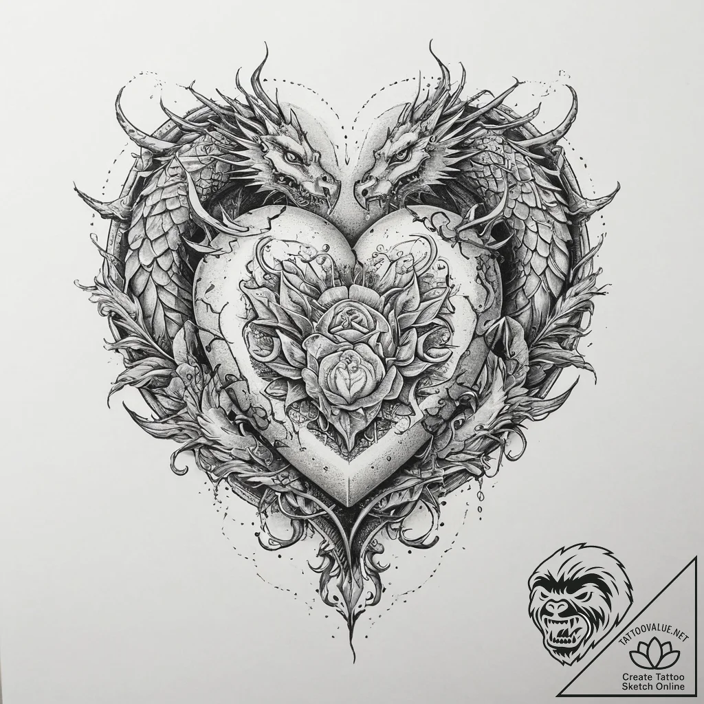 Tattoo sketch a heart container with a dragon... - tattoo sketch (№1754277394_0, 04.08.2025 03:16) — tattoovalue.net
