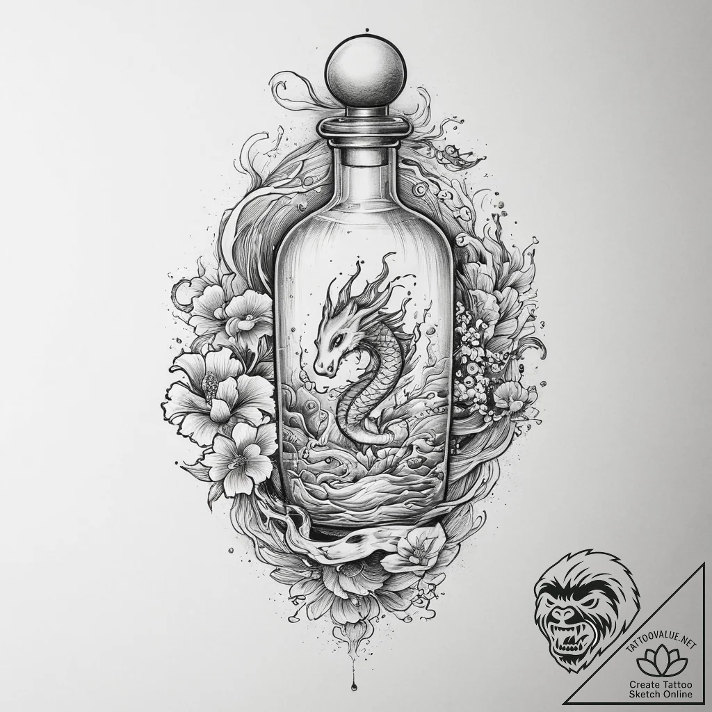 Tattoo sketch a tiny stylized potion bottle l... - tattoo sketch (№1754280395_0, 04.08.2025 04:06) — tattoovalue.net