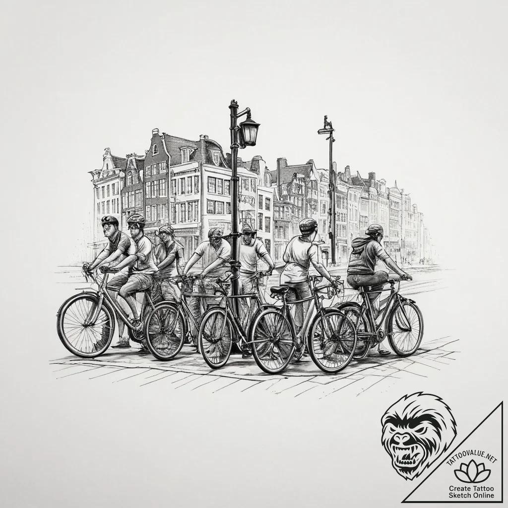 A shot of cyclists waiting for a traffic ligh... - tattoo sketch (№1754283784_0, 04.08.2025 05:03) — tattoovalue.net