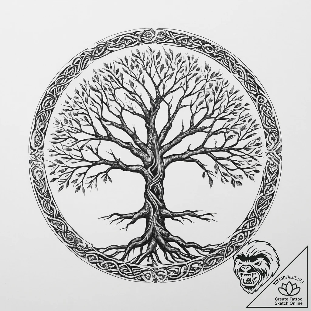 A graphic tattoo design featuring the tree of... - tattoo sketch (№1754284183_0, 04.08.2025 05:09) — tattoovalue.net