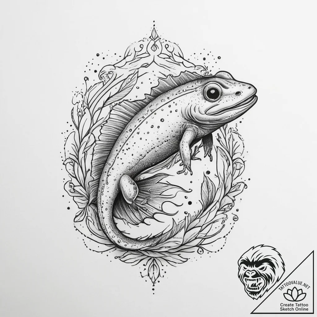 Axolotl, ink illustration for tattoo, old sch... - tattoo sketch (№1754284986_0, 04.08.2025 05:23) — tattoovalue.net