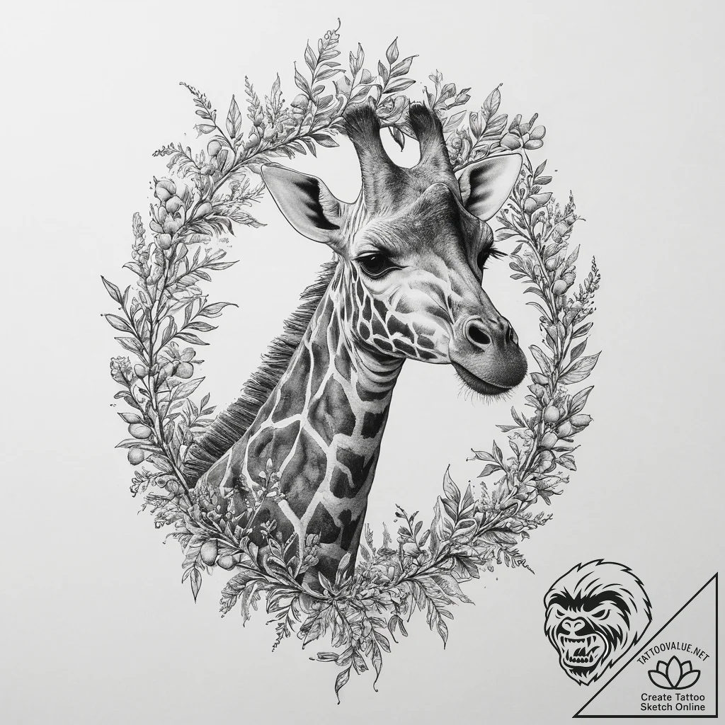 A giraffe gracefully eating leaves from a tal... - tattoo sketch (№1754285981_0, 04.08.2025 05:39) — tattoovalue.net