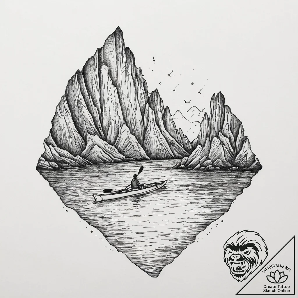 A kayaking trip through a narrow, serene sea... - tattoo sketch (№1754287575_0, 04.08.2025 06:06) — tattoovalue.net