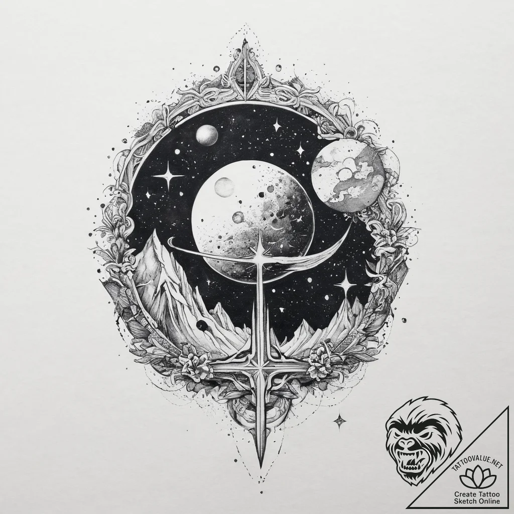 Tattoo design: a celestial landscape with sta... - tattoo sketch (№1754287774_0, 04.08.2025 06:09) — tattoovalue.net