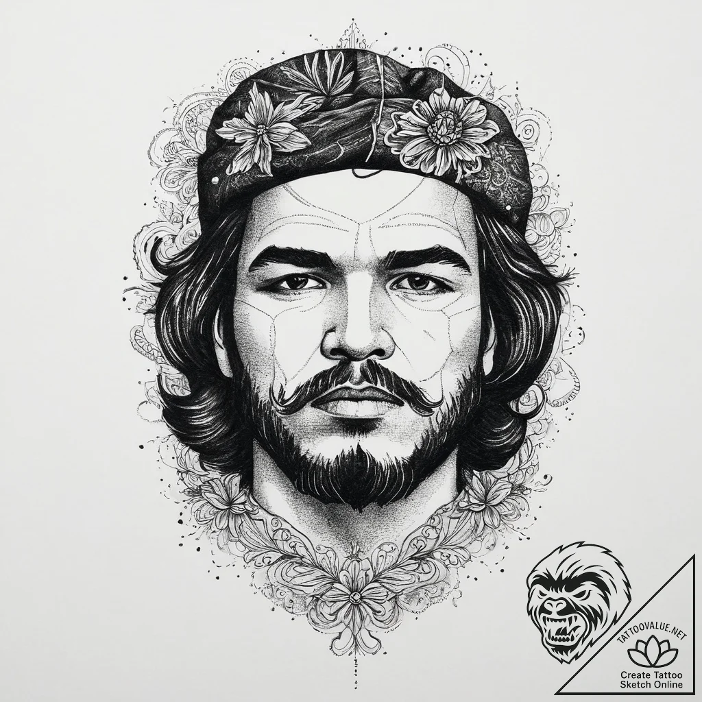 Che guevara, tattoo drawing outline, ornament... - tattoo sketch (№1754290577_0, 04.08.2025 06:56) — tattoovalue.net