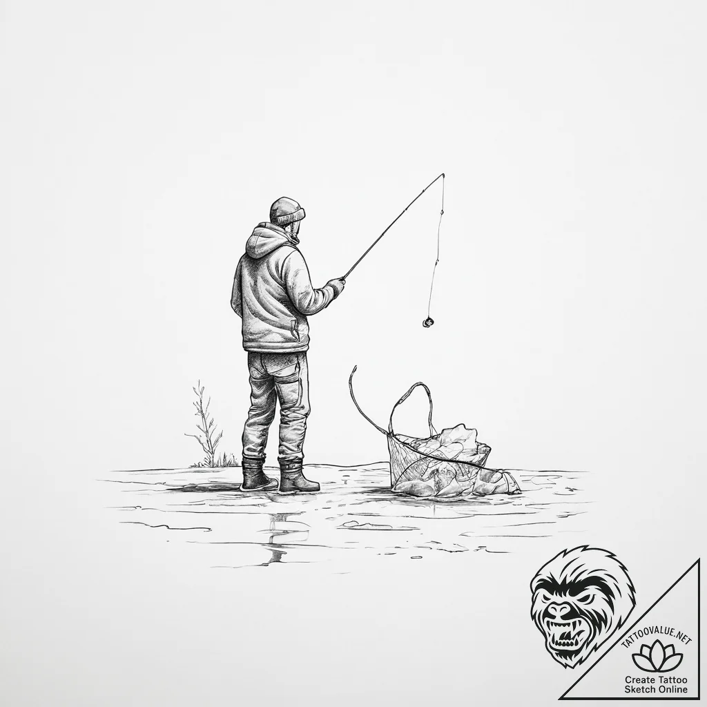 A person ice fishing on a vast, frozen lake. - tattoo sketch (№1754291172_0, 04.08.2025 07:06) — tattoovalue.net