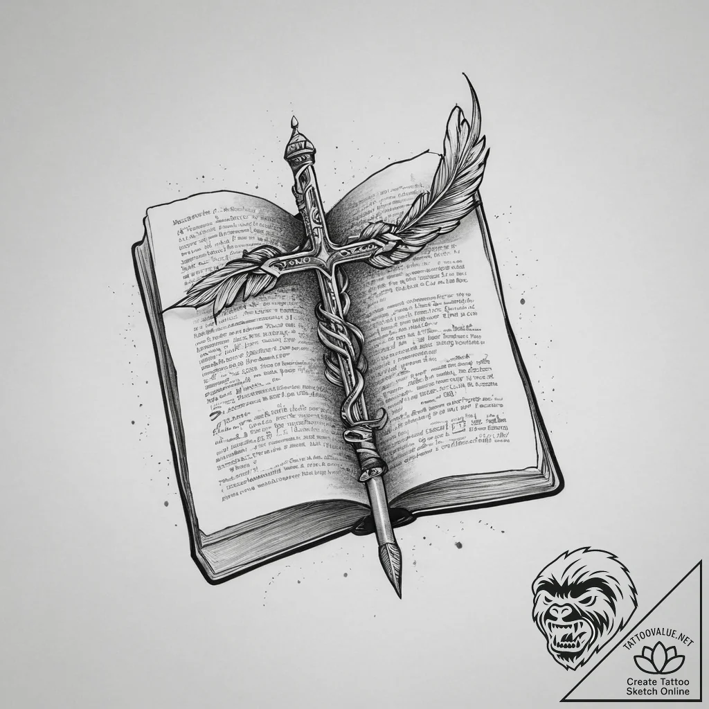 Tattoo sketch a quill pen on one, an open boo... - tattoo sketch (№1754291371_0, 04.08.2025 07:09) — tattoovalue.net