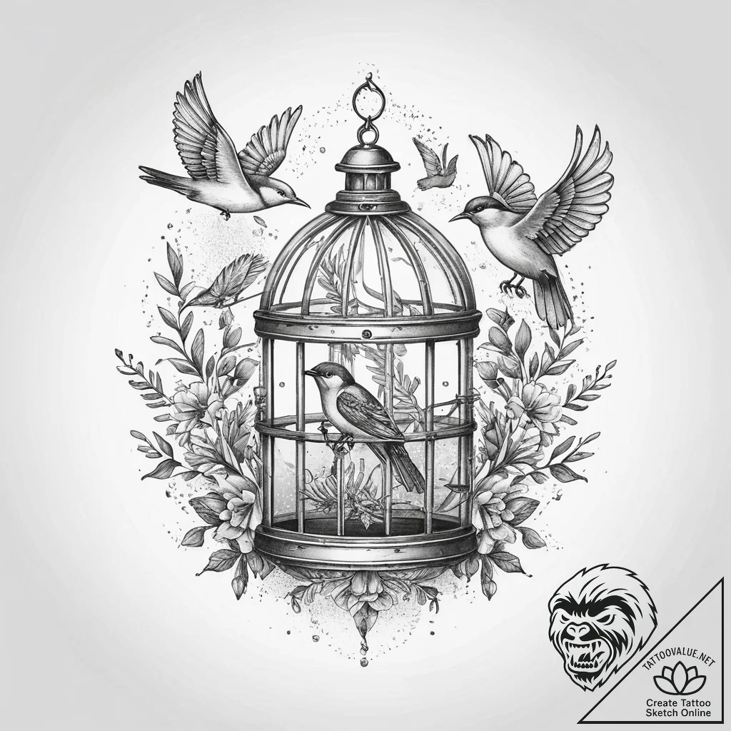 Open birdcage with birds flying out, artistic... - tattoo sketch (№1754292166_0, 04.08.2025 07:22) — tattoovalue.net