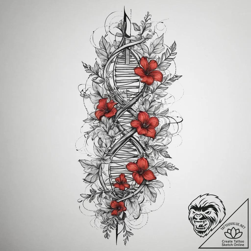 Dna helix intertwined with a floral vine, ink... - tattoo sketch (№1754295953_0, 04.08.2025 08:25) — tattoovalue.net