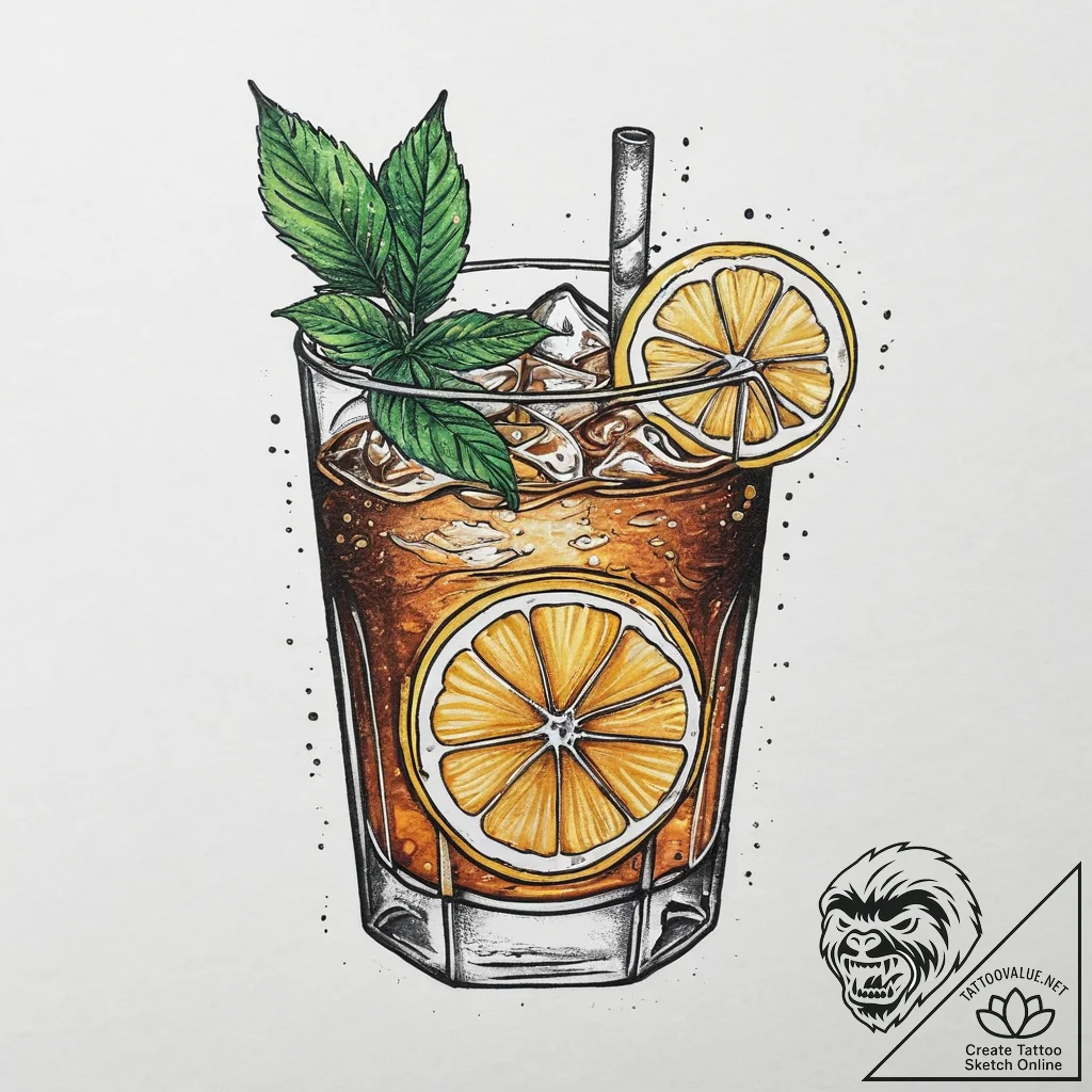 A glass of iced tea with lemon and mint, cond... - tattoo sketch (№1754298147_0, 04.08.2025 09:02) — tattoovalue.net