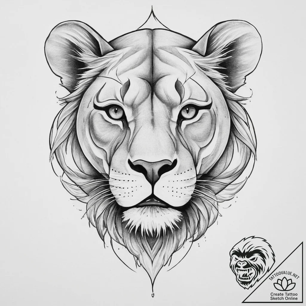 Tattoo design a fierce lioness's face, strong... - tattoo sketch (№1754299561_0, 04.08.2025 09:26) — tattoovalue.net