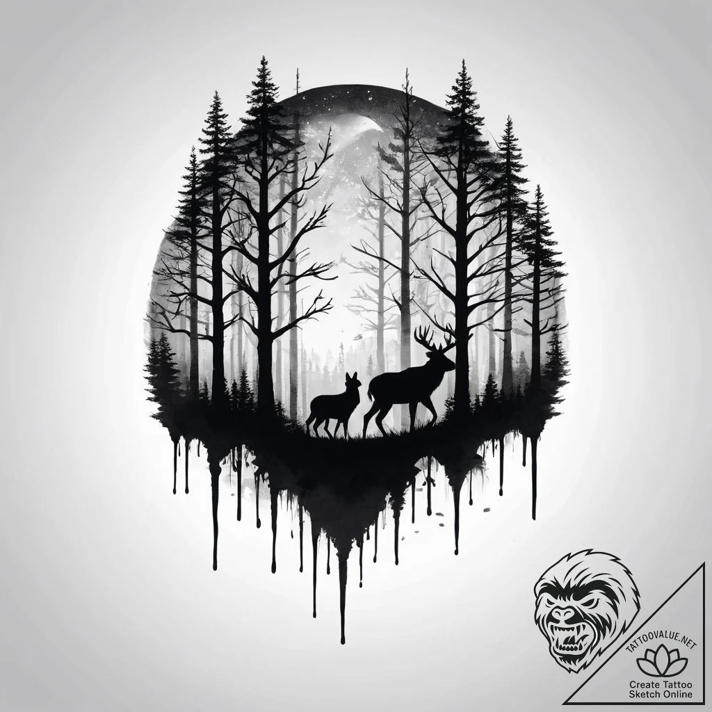 Tattoo sketch a forest silhouette with an ani... - tattoo sketch (№1754300760_0, 04.08.2025 09:46) — tattoovalue.net