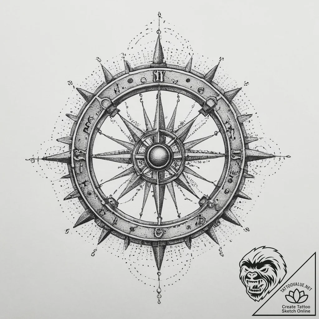 Tattoo sketch a heavy ship's wheel, symbolizi... - tattoo sketch (№1754302157_0, 04.08.2025 10:09) — tattoovalue.net