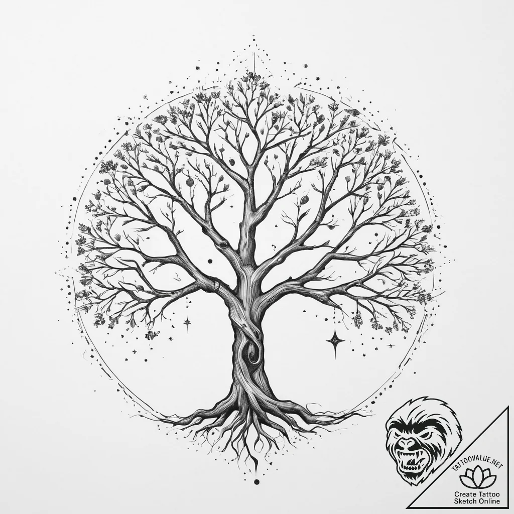 Tattoo sketch a stylized tree where the branc... - tattoo sketch (№1754303156_0, 04.08.2025 10:25) — tattoovalue.net