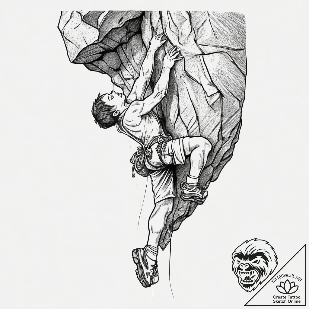 A rock climber hanging from a sheer cliff fac... - tattoo sketch (№1754304152_0, 04.08.2025 10:42) — tattoovalue.net