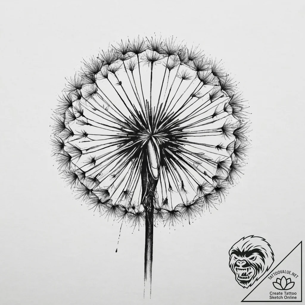 A detailed macro shot of a dandelion seed hea... - tattoo sketch (№1754305958_0, 04.08.2025 11:12) — tattoovalue.net