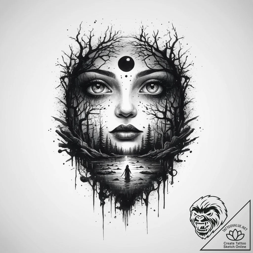 Tattoo design a dark, foggy swamp with myster... - tattoo sketch (№1754306963_0, 04.08.2025 11:29) — tattoovalue.net