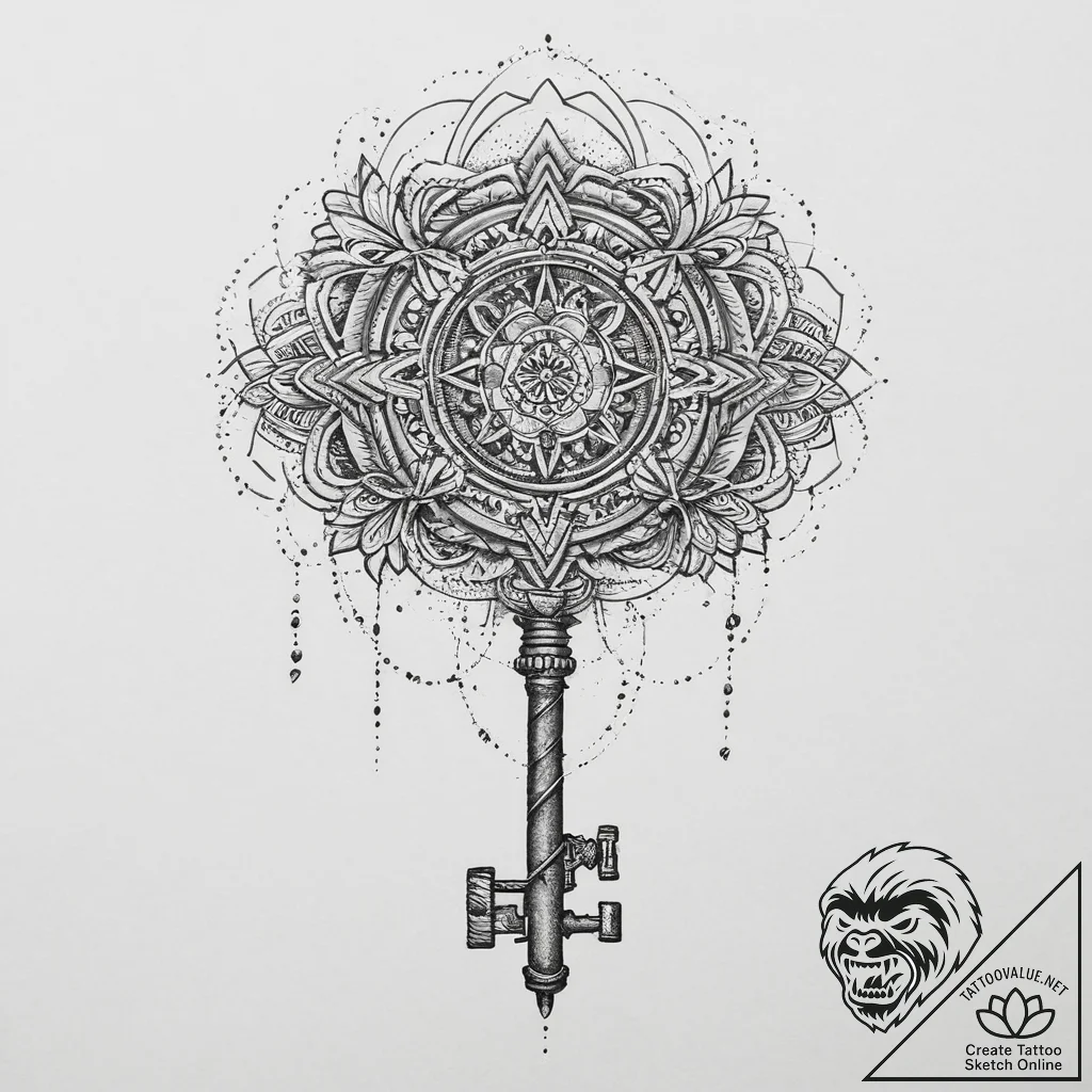 Tattoo design a key, intricate and strong, re... - tattoo sketch (№1754307971_0, 04.08.2025 11:46) — tattoovalue.net