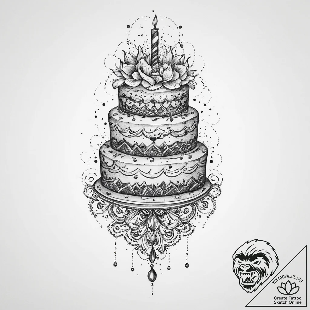 Cake, tattoo line art, on a clean white paper... - tattoo sketch (№1754311817_0, 04.08.2025 12:50) — tattoovalue.net