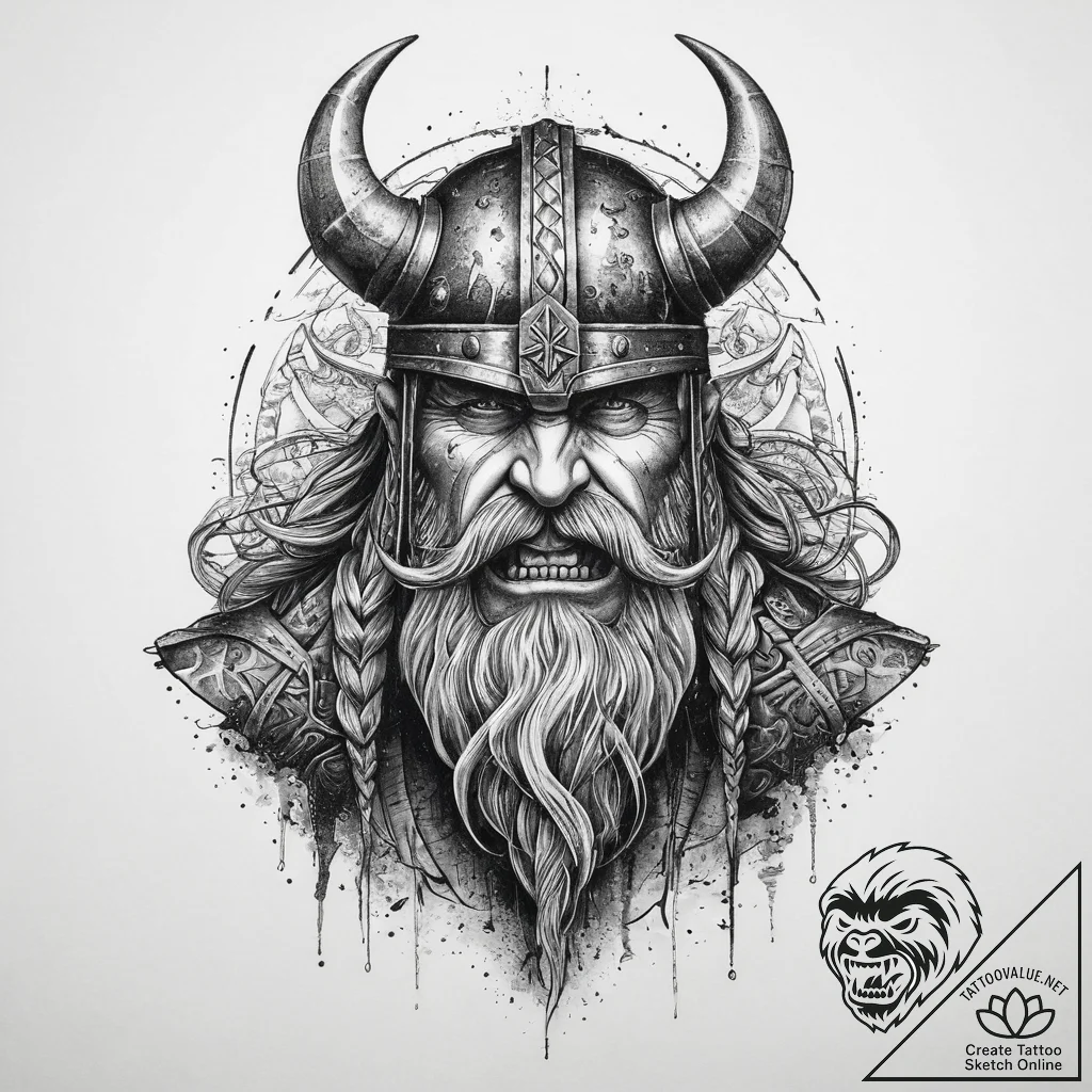 Tattoo sketch a viking berserker in mid-battl... - tattoo sketch (№1754312836_0, 04.08.2025 13:07) — tattoovalue.net