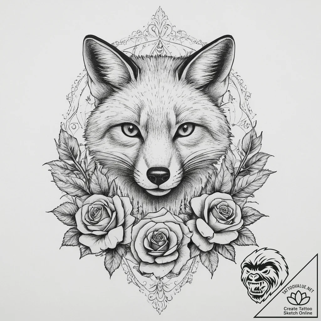 Fox, tattoo line art, sepia tone sketch, vint... - tattoo sketch (№1754315473_0, 04.08.2025 13:51) — tattoovalue.net
