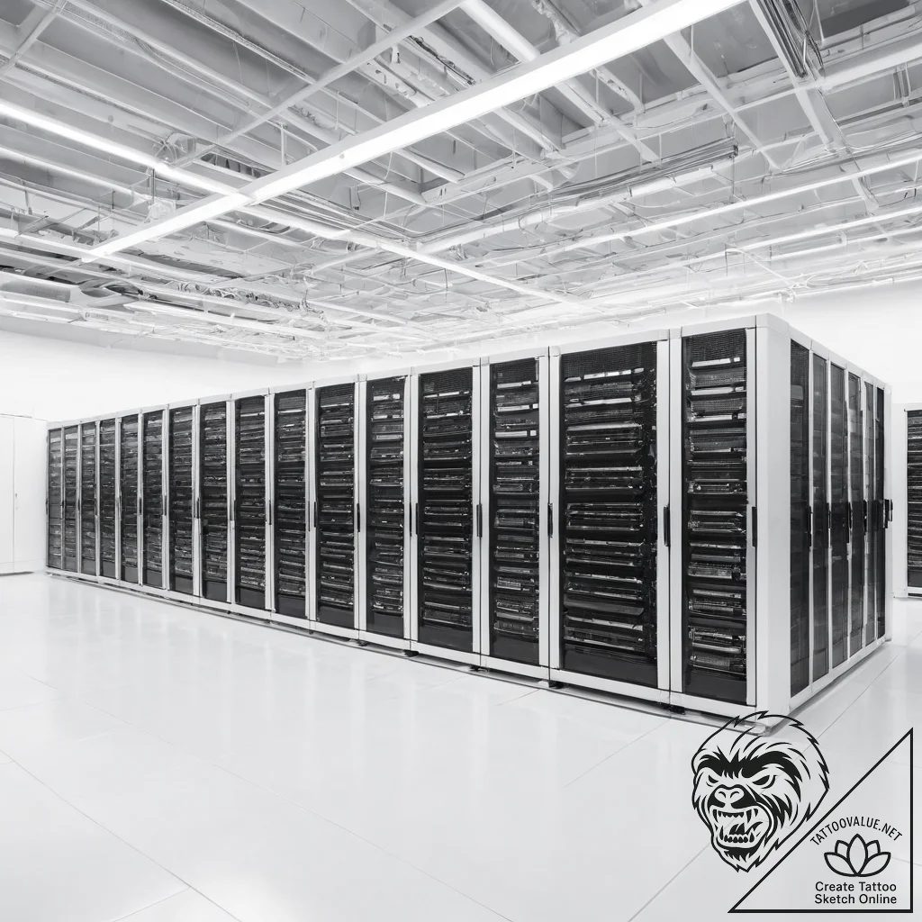 The interior of a massive, modern data center... - tattoo sketch (№1754317116_0, 04.08.2025 14:18) — tattoovalue.net