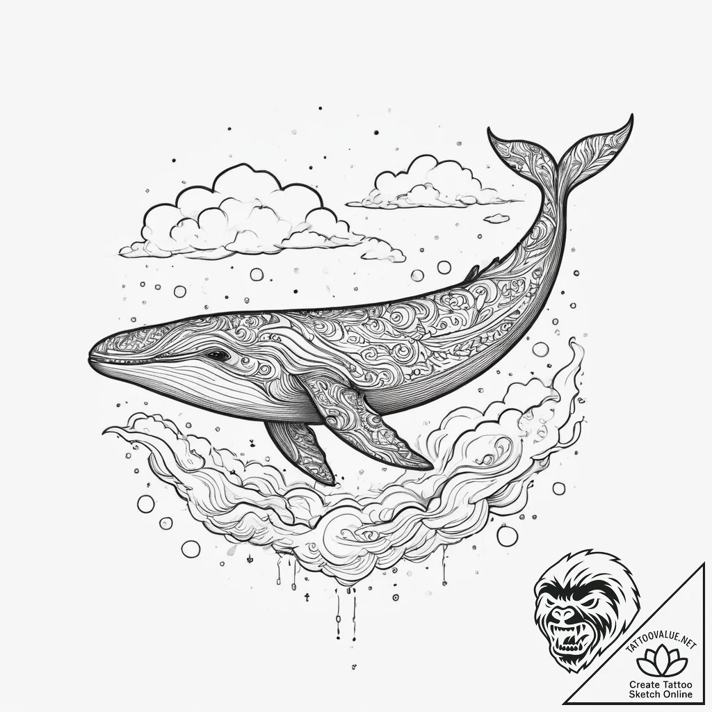 A whale swimming through clouds, concept art... - tattoo sketch (№1754318343_0, 04.08.2025 14:39) — tattoovalue.net