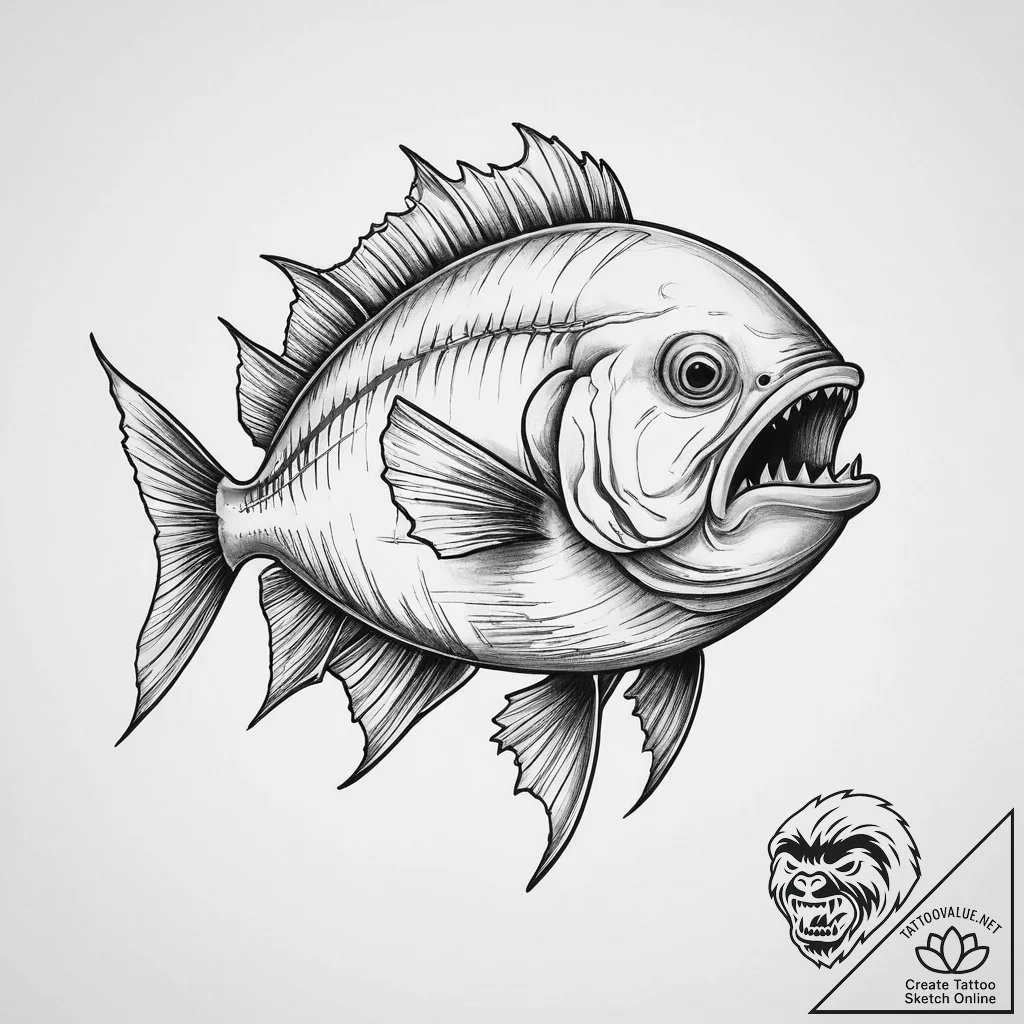 Piranha, ink illustration for tattoo, linewor... - tattoo sketch (№1754319395_0, 04.08.2025 14:56) — tattoovalue.net