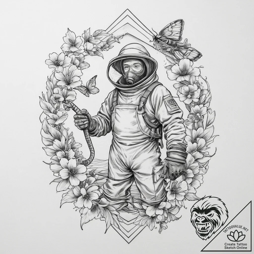 A portrait of a beekeeper holding a frame swa... - tattoo sketch (№1754319607_0, 04.08.2025 15:00) — tattoovalue.net
