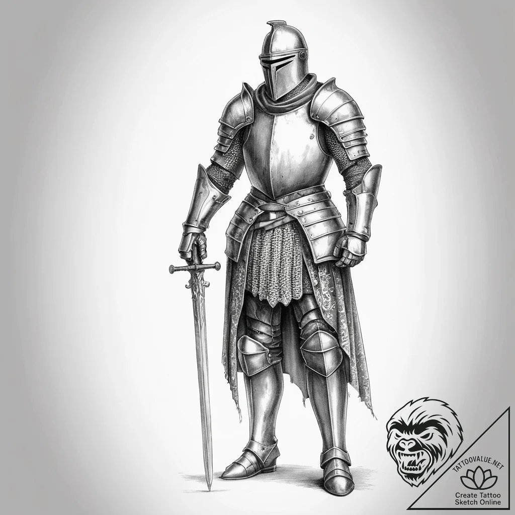 Tattoo sketch a medieval knight in full armor... - tattoo sketch (№1754321006_0, 04.08.2025 15:23) — tattoovalue.net