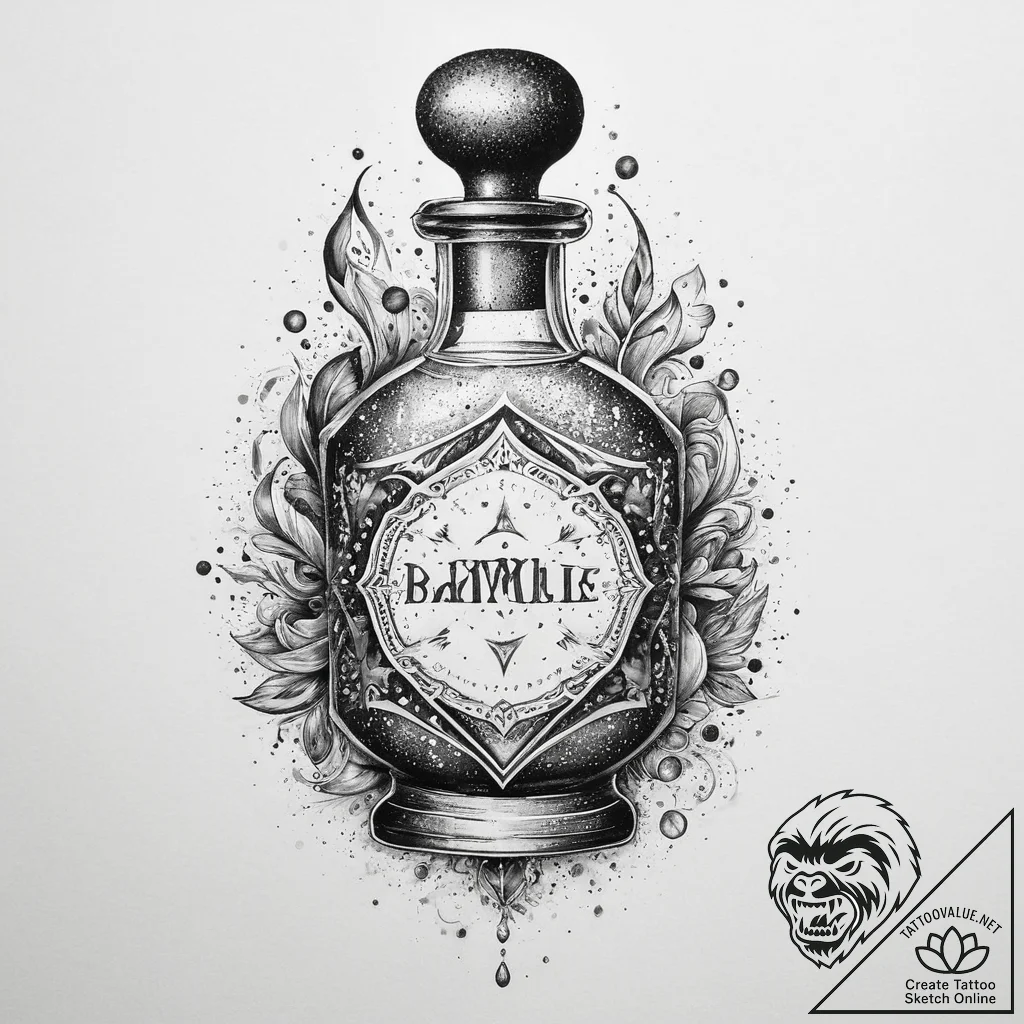 Tattoo design a magic potion bottle with a sw... - tattoo sketch (№1754324274_0, 04.08.2025 16:17) — tattoovalue.net
