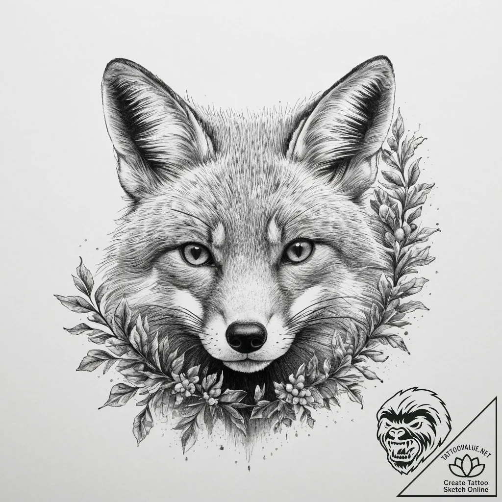 A red fox cautiously peeking out from behind... - tattoo sketch (№1754327549_0, 04.08.2025 17:12) — tattoovalue.net