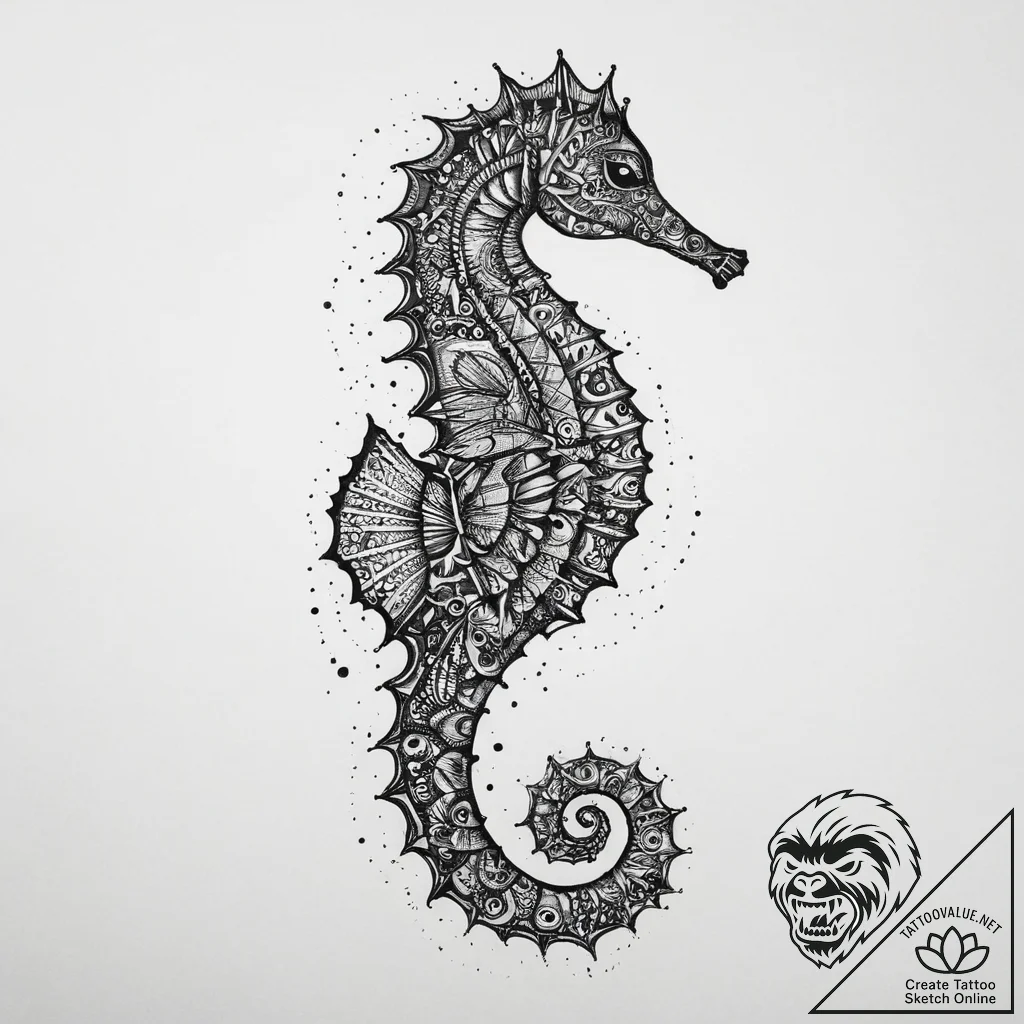 A seahorse with intricate patterns (is there,... - tattoo sketch (№1754328777_0, 04.08.2025 17:32) — tattoovalue.net