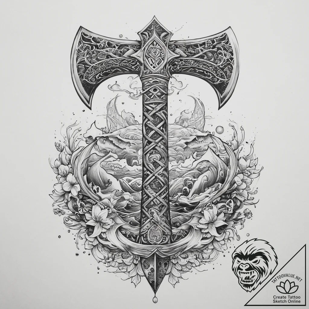 Tattoo sketch a detailed and menacing viking... - tattoo sketch (№1754330824_0, 04.08.2025 18:07) — tattoovalue.net