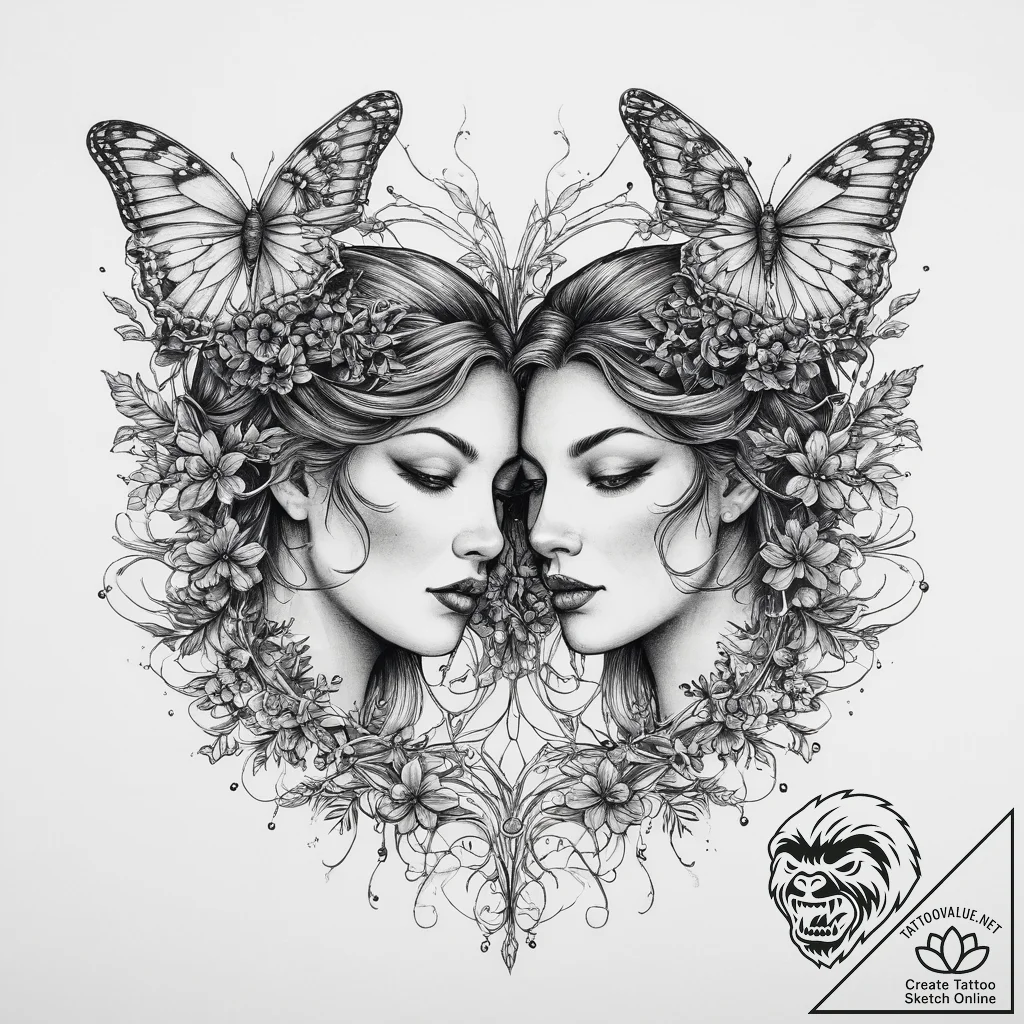 Tattoo sketch gemini twins surrounded by flow... - tattoo sketch (№1754331241_0, 04.08.2025 18:14) — tattoovalue.net