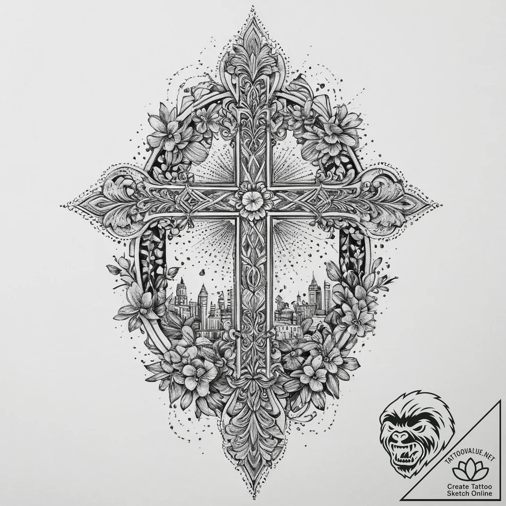A hidden courtyard garden in the middle of a... - tattoo sketch (№1754334317_0, 04.08.2025 19:05) — tattoovalue.net