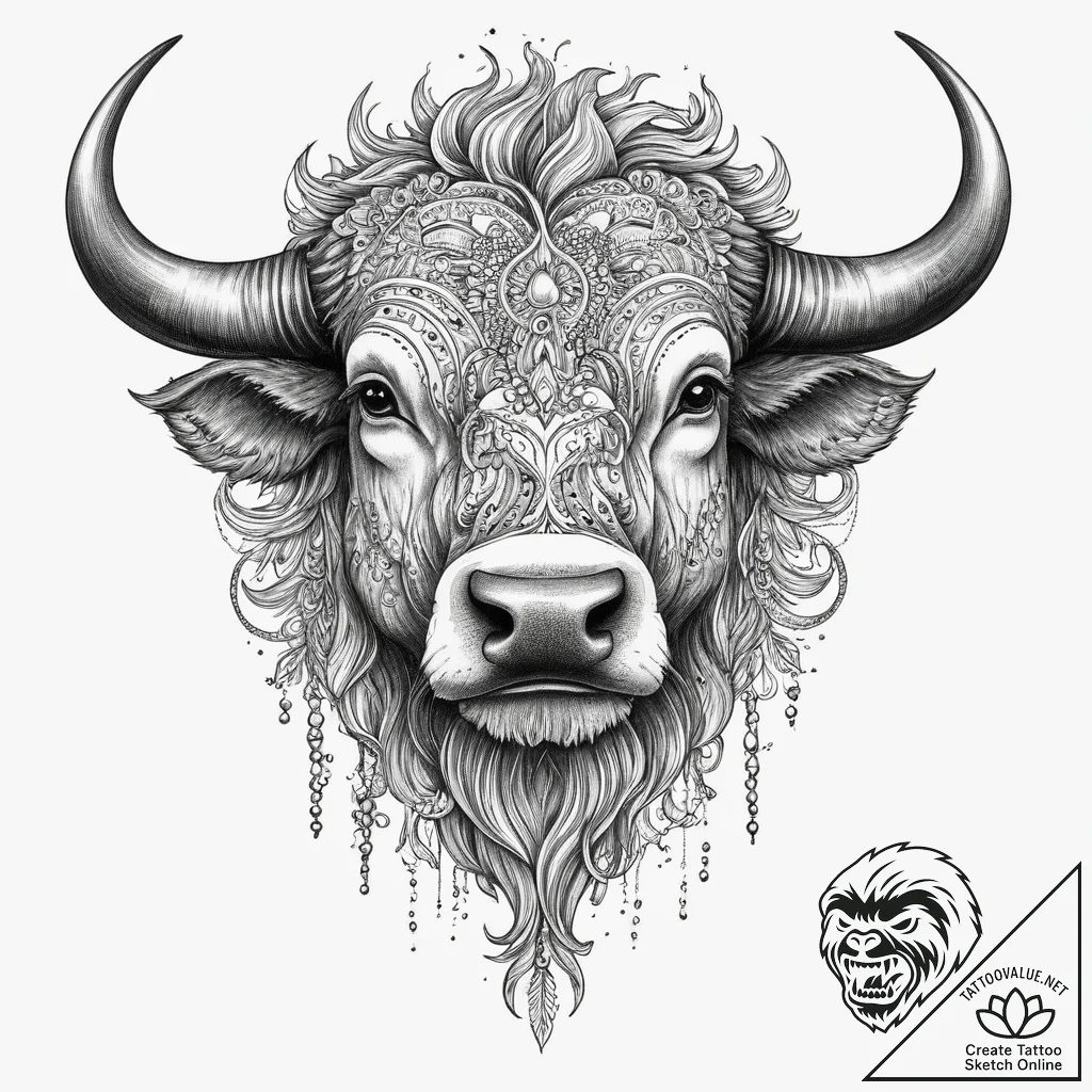 Buffalo, tattoo line art, muted color palette... - tattoo sketch (№1754336726_0, 04.08.2025 19:45) — tattoovalue.net