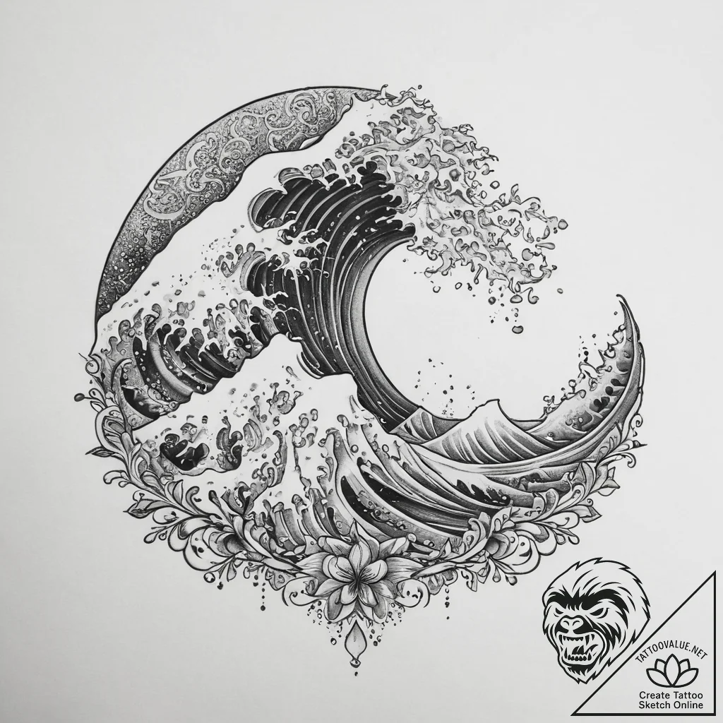 Tattoo design a powerful wave cresting, embod... - tattoo sketch (№1754339345_0, 04.08.2025 20:29) — tattoovalue.net