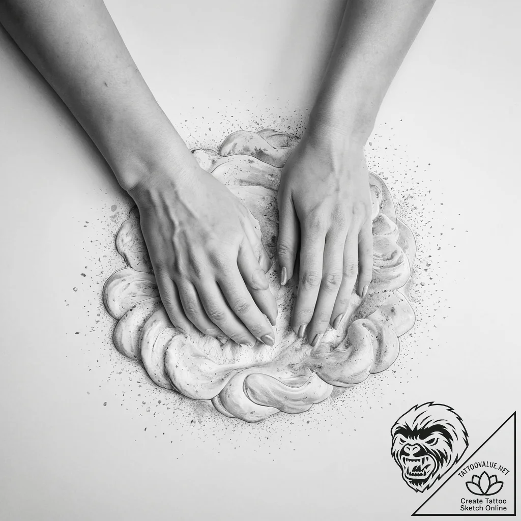 A person's hands covered in flour, kneading d... - tattoo sketch (№1754341168_0, 04.08.2025 20:59) — tattoovalue.net