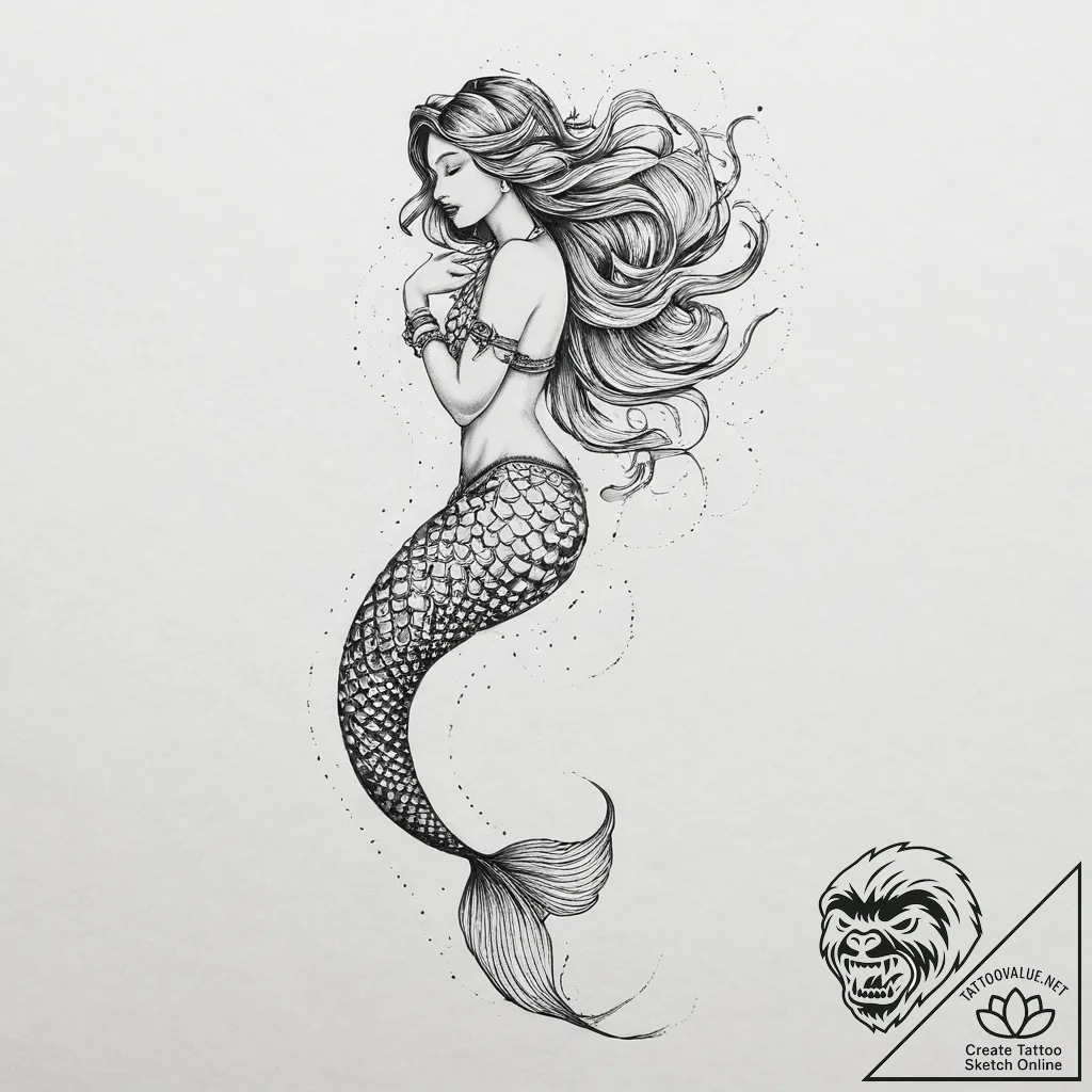 Tattoo sketch a dramatic, flowing mermaid's t... - tattoo sketch (№1754341571_0, 04.08.2025 21:06) — tattoovalue.net